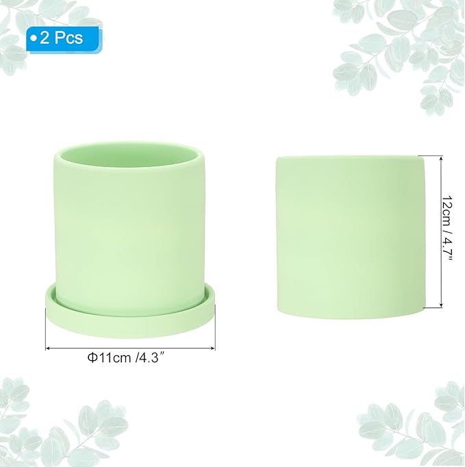 PATIKIL 4.3 Inch Ceramic Plant Pots, 2 Pack Modern Flower Planters with Drainage Holes and Tray for Decorate Home Indoor Plants Succulent Herb, Green