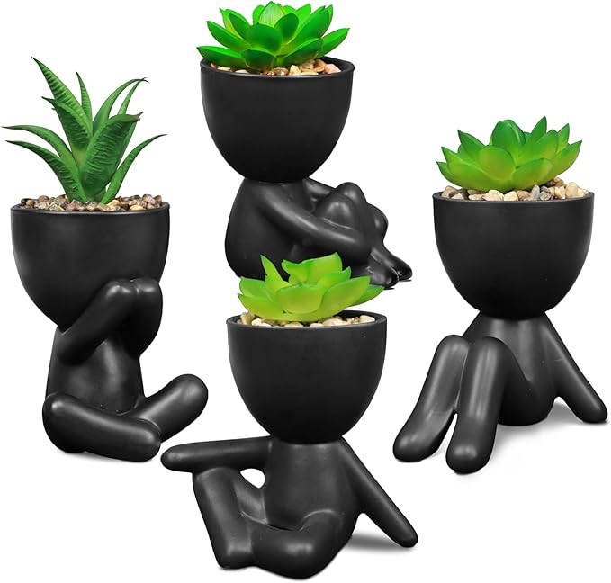 Pack of 4 Black Cute Fake Plants, Artificial Succulent Plants with Creative Human Shaped Pots,Mini Potted Desk Plants for Office Bathroom Shelf Cubicle Home Decor (Matte Black)
