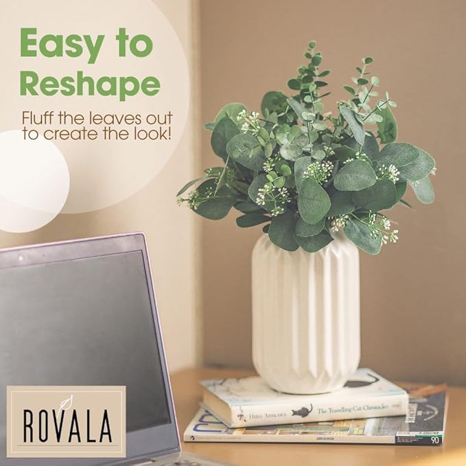 Fake Eucalyptus Decor in White Ceramic Vase Realistic Faux Plants Indoor Tabletop Fake Desk Plants for Office Small Potted Plant Artificial Decor Small Fakeplants for Shelves Bathroom Kitchen