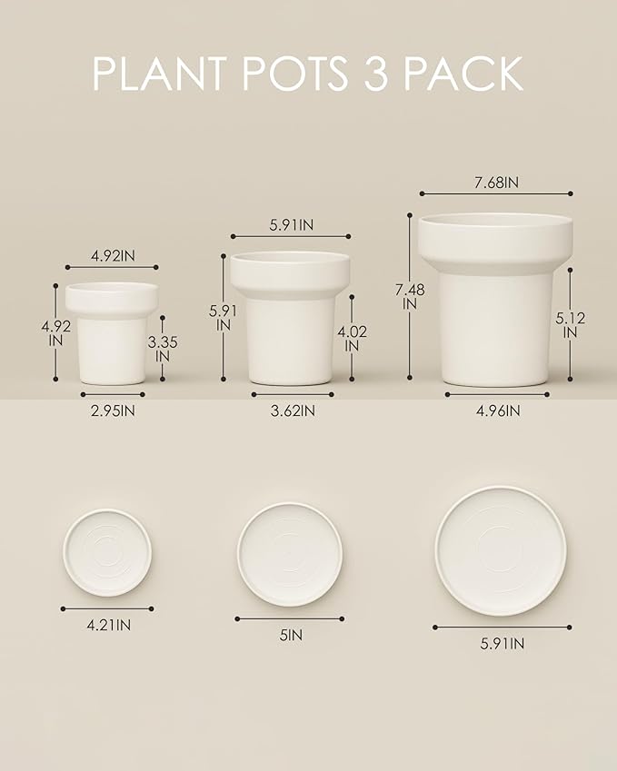 Bamworld 3-Pack Plant Pots Indoor with Drainage 5/6/7 Inch Planters for Indoor Plants Modern Minimalist Flower Pots White
