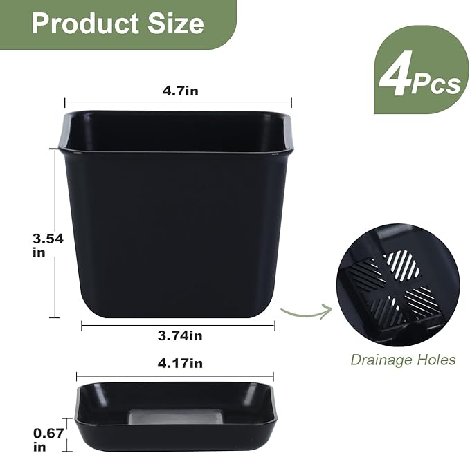 Oliz Herb Garden Planter Indoor Kit Pots for Indoor/Outdoor Plants 4 Packs Windowsill Plant Pots with Drainage and Tray, Window Pot for Indoor Plants (Black)