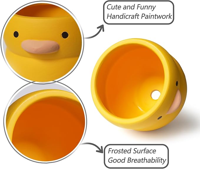 GeLive 4 Inch Yellow Duck Plant Pot Ceramic Planter with Drainage Tray Indoor Plants Succulent Pot Tabletop Organizer Decor Pen Holder Cartoon Statue Unique Gift