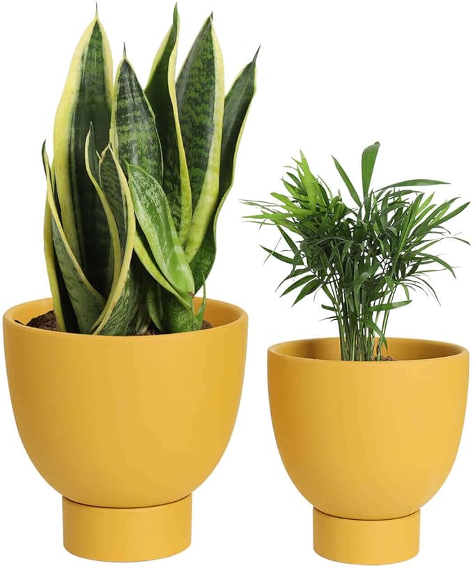 vensovo Yellow Terracotta Self Watering Plant Pot - 2 PCS 6 Inch & 8 Inch Terra Cotta Plant Pot with Drainage Hole and Saucer, Small & Large Clay Flower Pot with Tray, Planter for Indoor Outdoor