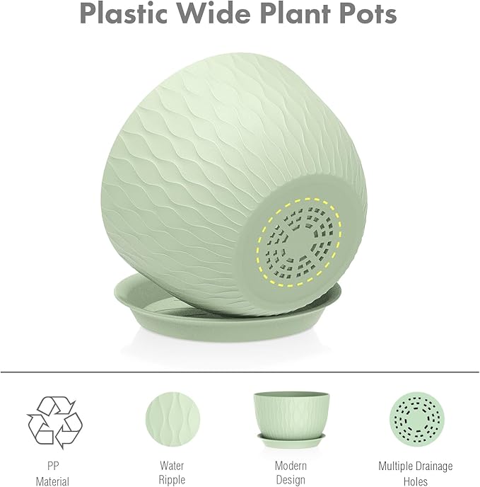 Meowell Large Flower Pots 12/10/9 inch, 3 Set Wide Plant Pots for Outdoor Indoor Plants with Water Ripples, Big Plastic Planters with Drainage Holes and Saucers for Garden House Plants, Green