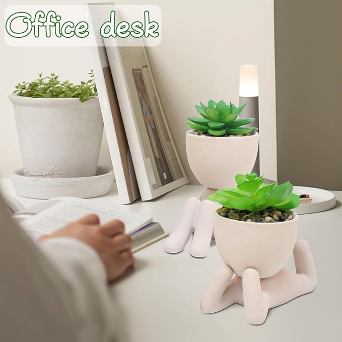 Zerzsy 2PCS Cute Artificial Succulent Plants with Creative Human Shaped Pots, Desk Decoration Artificial Fake Plants Indoor for Home Office Decoration(Cream Color)