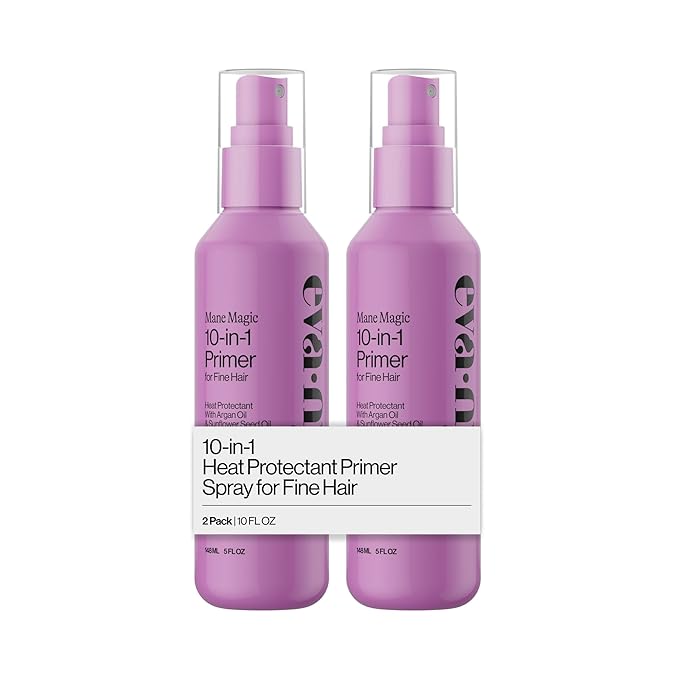Eva NYC Mane Magic 10-in-1 Heat Protectant Set for Fine Hair - Anti-Frizz Heat Protection Spray Gift Set - Sunflower + Argan Oil - Blow Dry Spray - 10-in-1 Hair Primer - Vanilla Scent - 10floz - 2Pack