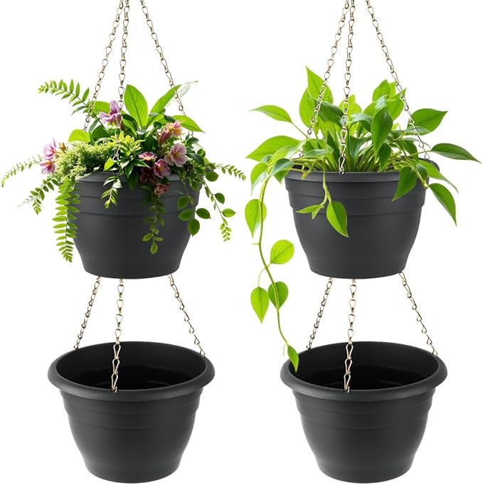 RooTrimmer Hanging Planters 10 Inch, 4 Pcs Flower Pots with Drainage Hole, Self Watering Hanging Basket for Indoor Outdoor Plants, Decor, Gray