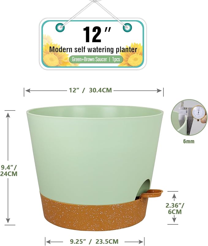 Meowell 12 inch Large Self Watering Pots for Indoor Outdoor Plants, Flower Plant Pots with Drainage Holes for Garden House Plants, Plastic Planters with Reservoir for Home, Green with Brown