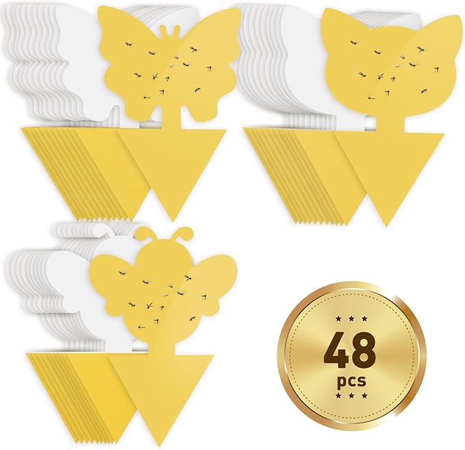 48 Pack Fruit Fly Traps for Indoor Outdoor, 3 Shapes Yellow Sticky Bug Traps, Double-Side Fungus Gnat Killer for Houseplants, Mosquitos, Flying Insects