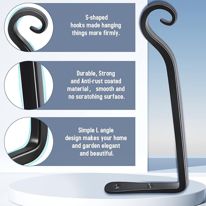 FEED GARDEN Wall Hooks for Hanging Plants 10 Inch - 2 Pack Heavy Duty Metal Plant Brackets, Holds 48 lbs, Rust Resistant Black L-Shape Hooks for Indoor Outdoor Decor