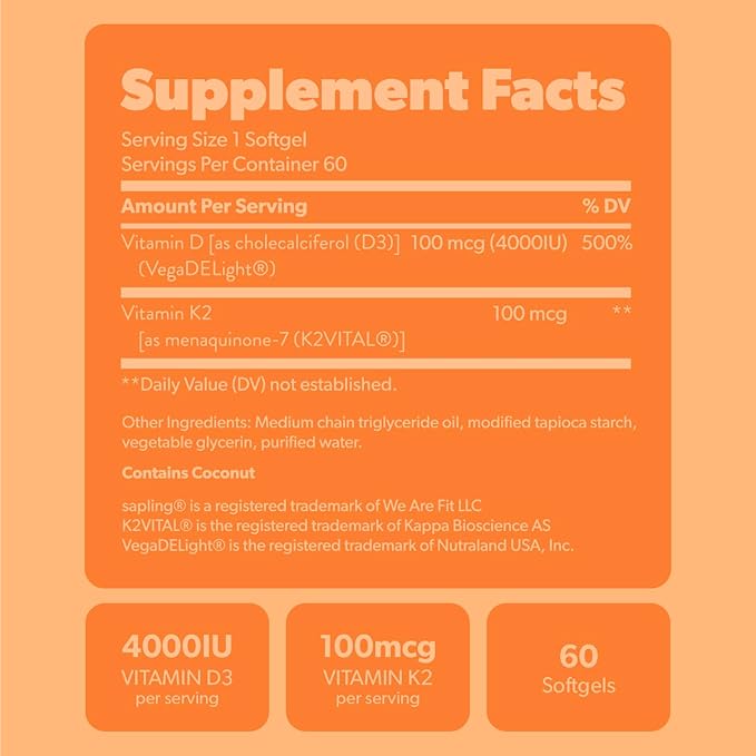 sapling Vegan Vitamin D3 + K2 Supplement with MCT Oil from Coconut - 4000 IU Vitamin D and 100mcg Vitamin K2 as Mk7 - Calcium Absorption, Bone Strength, and Immune Health Support* - 60 Softgels