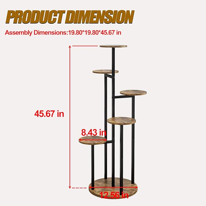 INGIORDAR Plant Stand Indoor Outdoor Corner Flower Stands Multiple Flower Pot Holder for Patio Garden Balcony Living Room 6 Tier Black+Rustic Brown