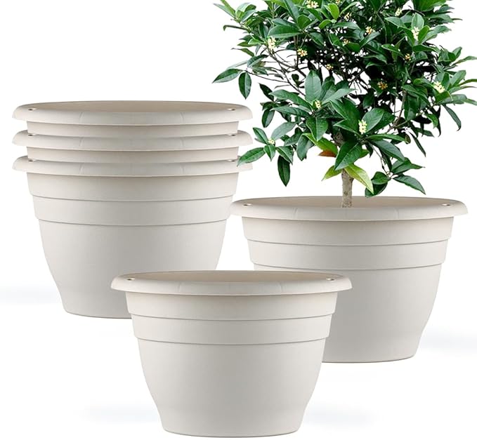 RooTrimmer 5 Pack 10 Inch Plant Pots for Indoor Outdoor,Plastic Floor Planters with Drainage Holes,Lightweight Flower Pots for Home,Patio & Garden(White)