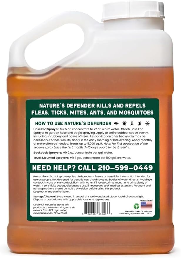 Nature's Defender Outdoor Pest Control Spray – All-Natural Cedarwood Oil Formula for Mosquitoes, Ticks, Fleas, and Ants – Safe for Pets, Kids, & Plants – 128 oz (1Gal) Concentrate Treats 160,000 sq.ft