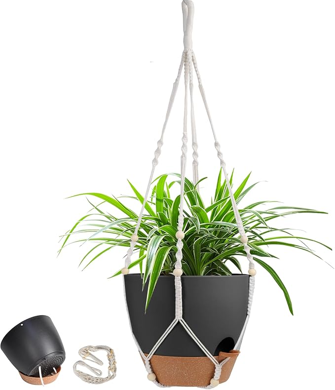 Vanslogreen 41.5 Inch Macrame Plant Hanger Indoor Outdoor with 12 Inch Flower Pot, Hanging Planter for Plants Holder with Wood Beads for Boho Home Decor (Ivory+Black)