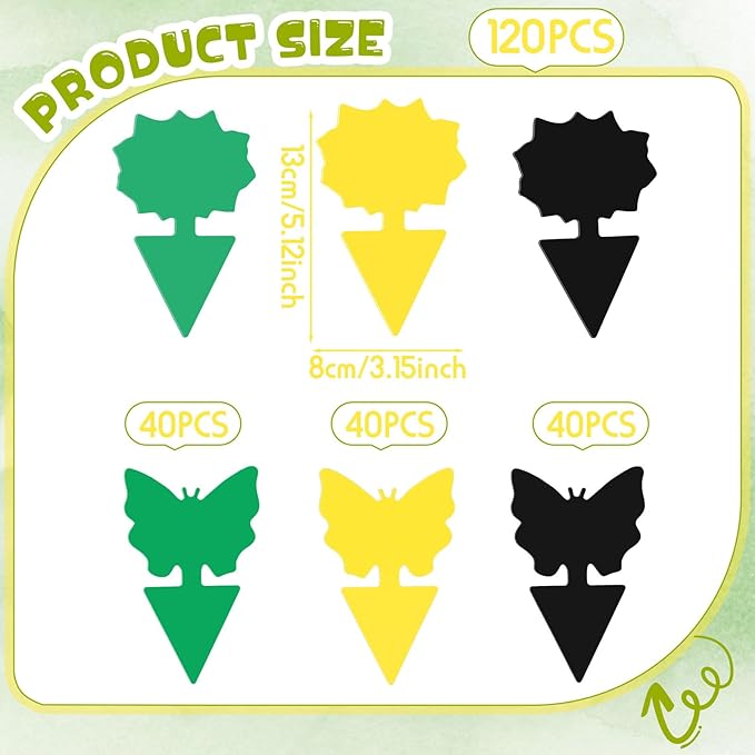 120 Pack Fruit Fly Traps Fungus Gnat Sticky Traps Yellow Black Green Plant Fly Stickers Double Side with Shovel for Indoor Outdoor Kitchen Garden Houseplant Flying Bug Insect (Mixed Style)