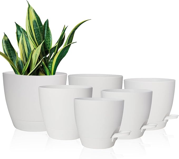Vanslogreen Planters for Indoor Plants, 8/7/6.5/6/5.5/5 Inch Self Watering Planters with Drainage Hole, Plastic Planters Flower Pots for Indoor Outdoor Plants (Matte White)
