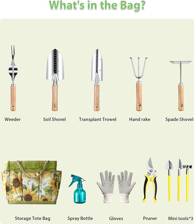 MOSFiATA Garden Tools Set 12-Piece, Gardening Tools Kit with Comfortable Handle, Heavy Duty Soil Shovel, Transplant Trowel, Weeder, Hand rake, Professional Pruner Sprayer Gloves with Organizer Bag