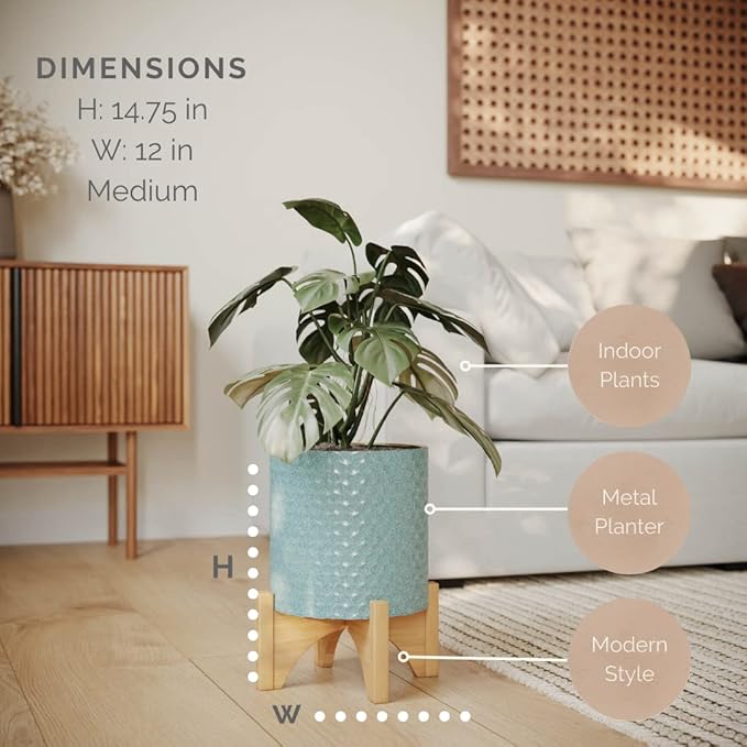 EverNest Mid-Century Modern Rhys Honeycomb Embossed Planter Pot with Arch Wood Stand, Metal Indoor Plant Pots, Blue Green Bohemian Style (Medium 2 Gallon)
