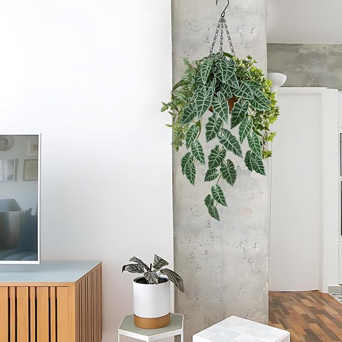 Fake Hanging Plant with Pot, Large Hanging Artificial Plants with Basket & Hanger Faux Greenery Plants Indoor Outdoor Decor Fake Alocasia Longiloba Plant in Pot for Wall Balcony Patio Office Bathroom