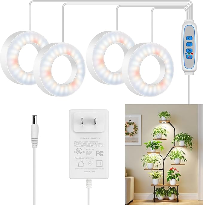 Kullsinss Ceiling Grow Lights for Indoor Plants, 192 LEDs 24W Full Spectrum Plant Lights for Indoor Growing, 3.5" Under Cabinet Plant Grow Light with 6/12/16H Timer, 5 Brightness Levels (4-Head)