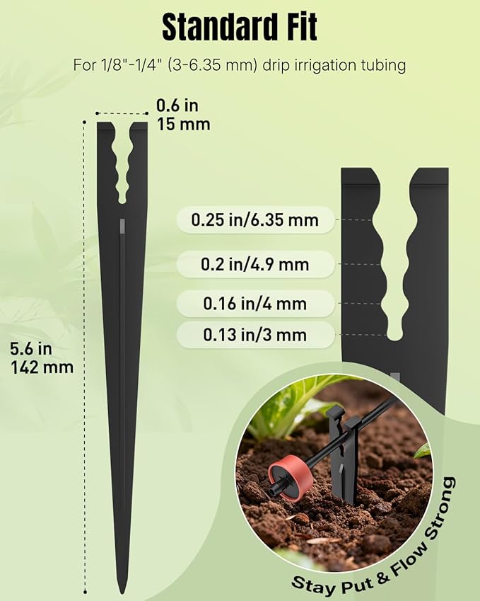 Pawfly 100 Pcs Irrigation Drip Support Stakes for 1/8"-1/4" Drip Lines, 5.6" Length, Plastic Drip Irrigation Stakes, 1/4 Inch Tubing Hose Holder, Drip Irrigation Support Stakes for Garden Patio Lawn