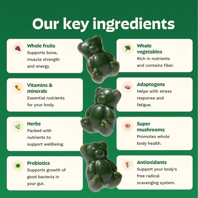 Gruns Adult Super Greens Multivitamin Gummies, Superfood Gummy Vitamins for Women and Men with Spirulina, Chlorella, Adaptogens & Prebiotic Fiber for Digestive Health (28 Count)