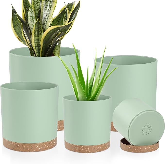 YNNICO Plant Pots with Drainage Holes and Saucers – 7, 6.5, 6, 5, 4 Inch Plastic Planters for Indoor Outdoor Plants, Modern Matte Finish, Lightweight & Durable（Green）