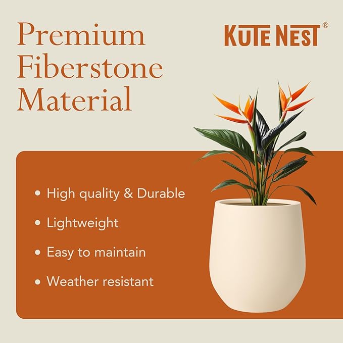 KUTE NEST 16.5" H x 15" D Premium Corso Fiberstone Round Tapered Planter with Drainage Hole, Smooth Finishes, Weather Resistant, Included 2 Extra Coco Mats (Kilim Beige, 11.5" Pot Opening)