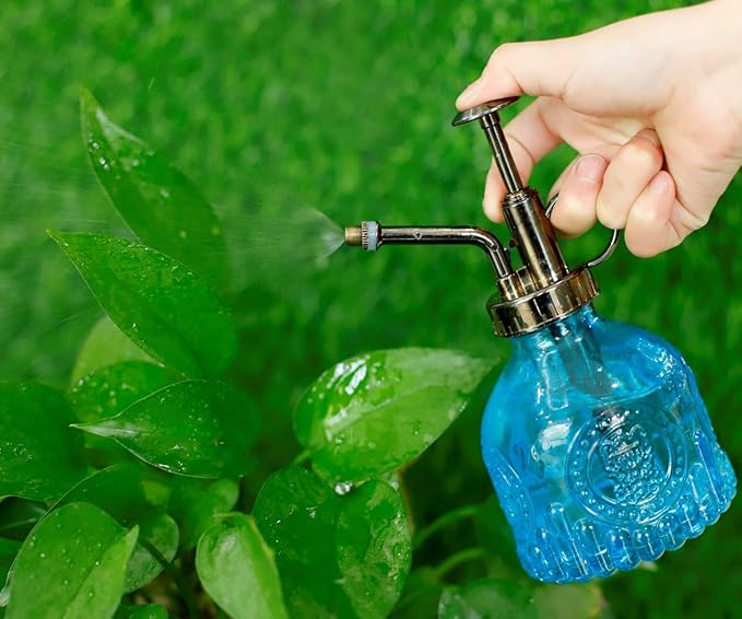 Hniuyun Glass Plant Mister Spray Bottle, 6.4 All Vintage Plant Spritzer Watering Can, Bronze Plastic Top Pump, Plant Mister Glass Watering Garden Tool (Blue)