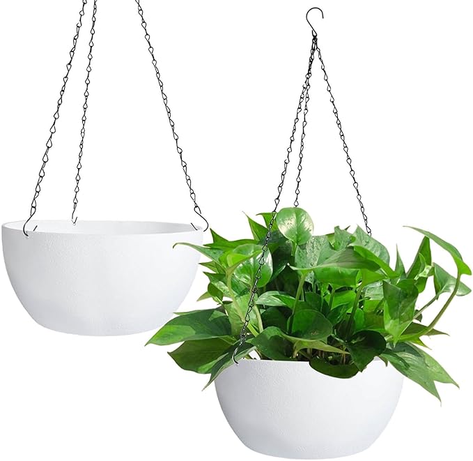 vensovo 12 Inch Large Hanging Planters for Outdoor Plants - 2 Pcs Plastic Hang Planter Flower Pot Baskets with Drainage Holes and Chain, Plant Pots for Home Garden Decor, White
