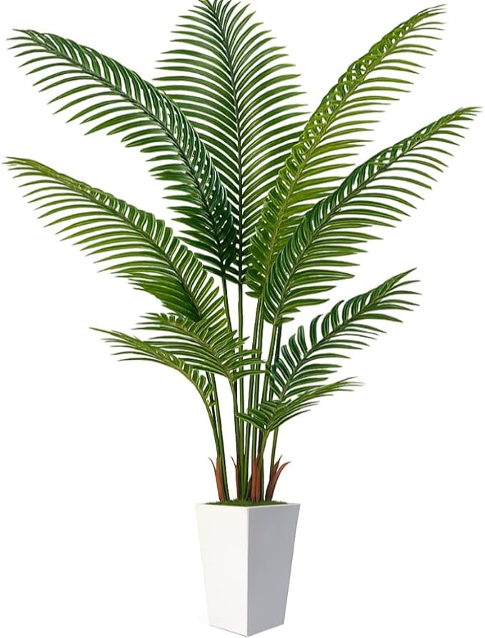 7FT Artificial Palm Tree, Tall Artificial Tree Plants with Fake Plants, Large Faux Plants Indoor with Lifelike Leaves for Outdoor Indoor Home Office Living Room Decor (White)