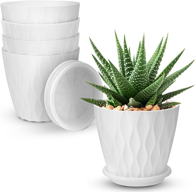 YNNICO 4 inch Plant Pots, 5 Pack Flower Pots Outdoor Indoor, Planters with Drainage Holes and Tray Saucers（White）