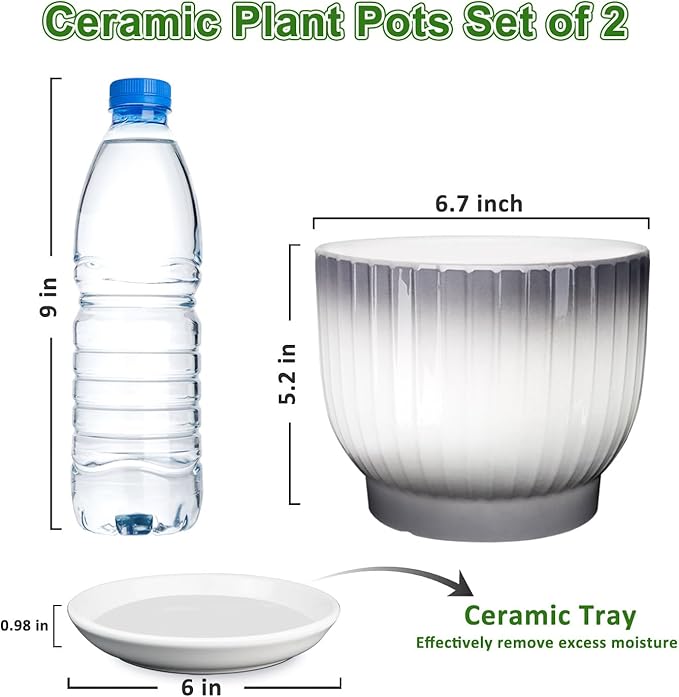 Ceramic Plant Pots,6.7 Inch,Set of 2,Planters with Drainage Hole and Saucer,Flower pots for Indoor Plants,Modern Design(Gray+White)
