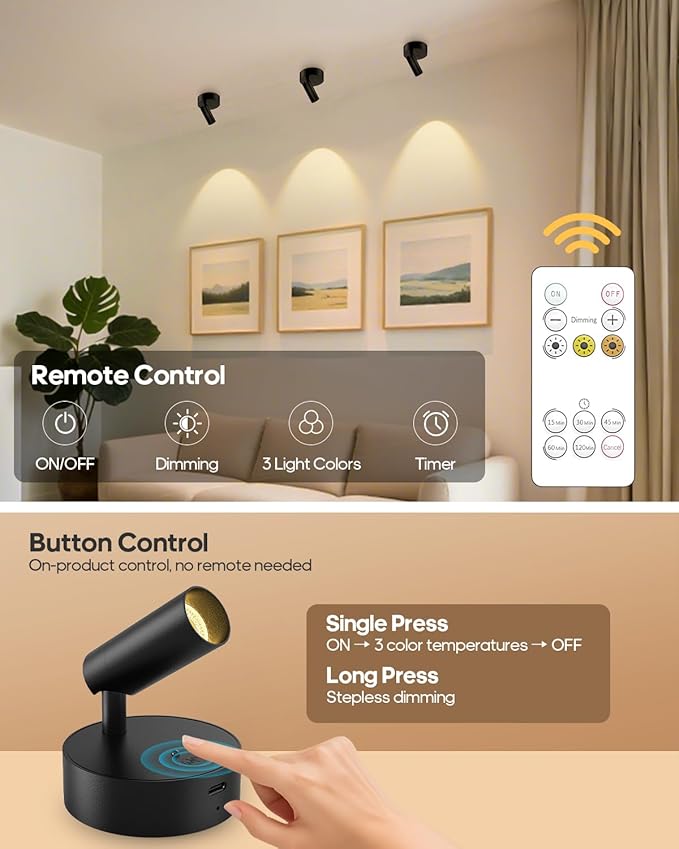 GOODEA Spotlights Indoor with Remote, 3000mAh Rechargeable Battery Plant Mini Spotlight Indoor, Wireless Uplighting with 3 Colors & Dimmable, LED Picture Light for Painting, Accent Lighting(4 Pack)