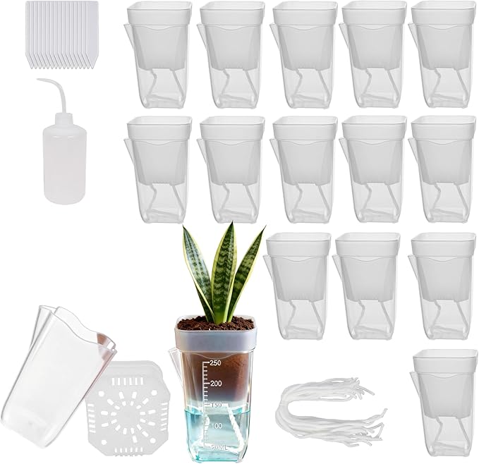 16 Pack 2.5" Mini Clear Self Watering Plant Pots, Plastic Planters with Bottom Water Tray & Watering Rope, Nursery Planting Pot for Indoor Out Door Plants