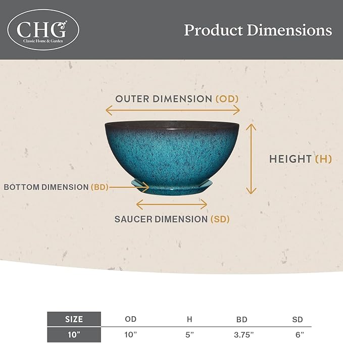 Classic Home and Garden Rosie Modern Planter w/Drainage - Contemporary Planter Bowls - Shallow Round Vases for Small Plants - Versatile Indoor & Outdoor Pots (10” Earth)