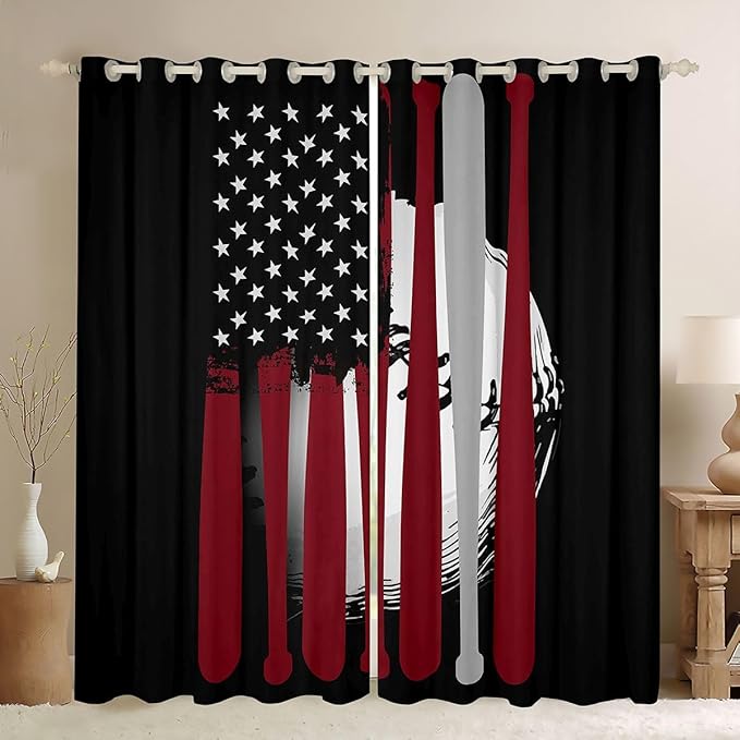 Feelyou Boys Baseball Curtains America Flag Baseball Window Curtains Bedroom Living Room Kids Room Decor Boys Baseball Bat Window Drapes Cool Sports Game Window Treatments 52W X 63L，2 Panels
