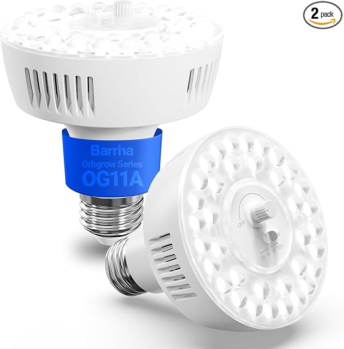 Barrina Orbgrow OG11A Grow Light Bulbs for Indoor Plants, Integrated Dimming & Timing, 5000K 22W(2 x 11W, 200 Watt Equiv), E26 Plant Light Bulb, Full Spectrum for Seeds and Greens, 2 Packs, White