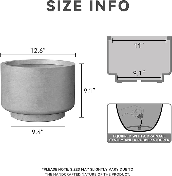 Kante 12.6 Inch Dia Concrete Planter, Round Pedestal Design Garden Pot for Indoor Outdoor Plants, Modern Flower Pot with Drainage Hole and Rubber Plug, Natural Concrete