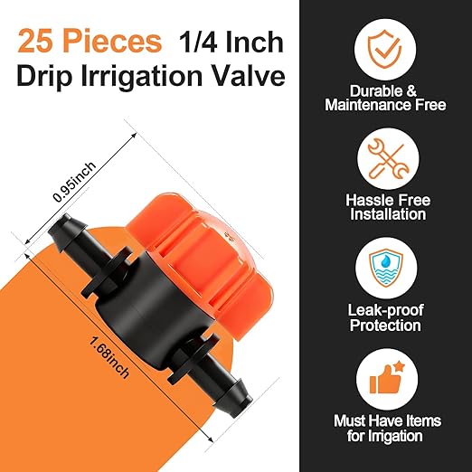 1/4 Inch Drip Irrigation Shut Off Valve: 25 Pack 1/4" Drip Line Barbed Valves Fittings for 1/4 Inch Irrigation Tubing Water Flow Control in-Line Valve for Garden Watering System