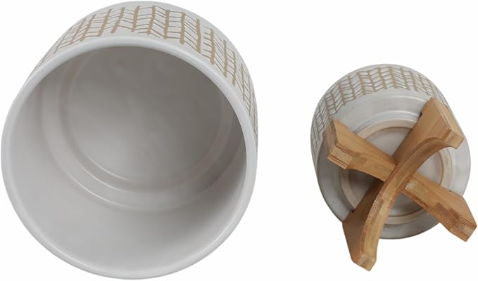 Sagebrook Home Set of 2 Ceramic Planters with Stands - Stoneware Pots with Bamboo Wood Base - Modern Geometric Design for Indoor/Outdoor Plants - Plant Holders for Home & Garden - 11", 7" Ivory & Tan