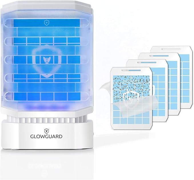 GlowGuard-X Rechargeable Indoor Fly Trap & Gnat Killer, Multi-Purpose Mosquito Trap and Shockless Indoor Bug Zapper, Includes 1 Device + 4 Glue-Card Refills, 40hr Battery or Plug-in 24/7, White