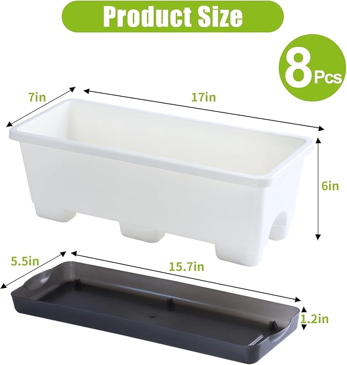 Oliz Window Box Planter 8 Pcs, 17 Inches Rectangle Flower Pots with Drainage Holes & Trays, Vegetable Planters for Windowsill Patio Garden Balcony Home Indoor Outdoor (White, 16 * 7 * 6 inch)