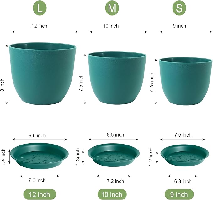 UOUZ 12/10/9 Large Modern Plant Pots, Plastic Planters with Drainage Holes and Saucers for Indoor Outdoor Plants Flowers, Malachite Green