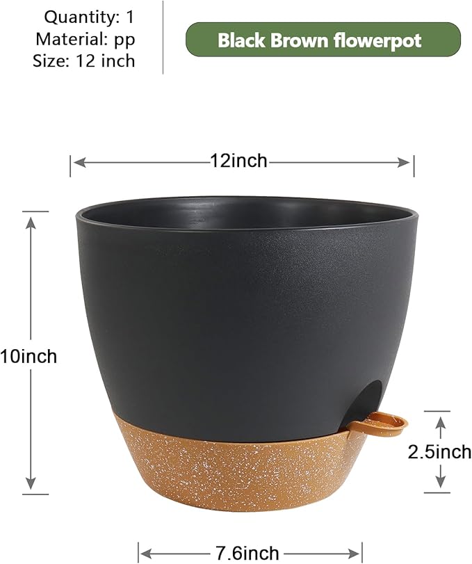 WSMKSZ 12 inch Large Self Watering Pots, Flower Plant Pots with Drainage Holes for Indoor Outdoor Garden Plants, Plastic Planters with Removable Deep Reservoir, Black with Brown