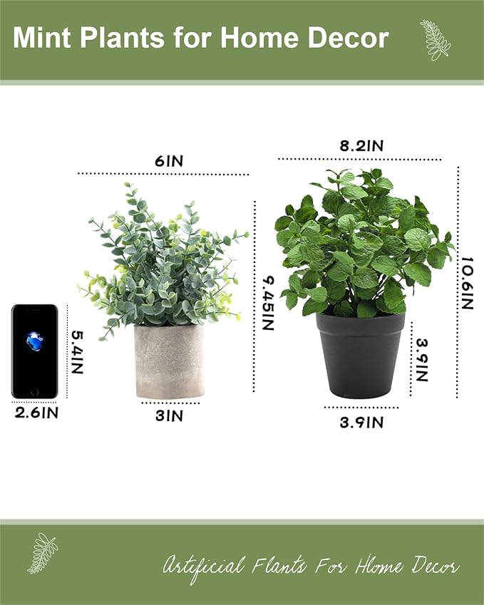 Coferset Small Fake Plants Mint Artificial Potted Plants for Home Office Bathroom Shelf Farmhouse Coffee Table Decor (Green)