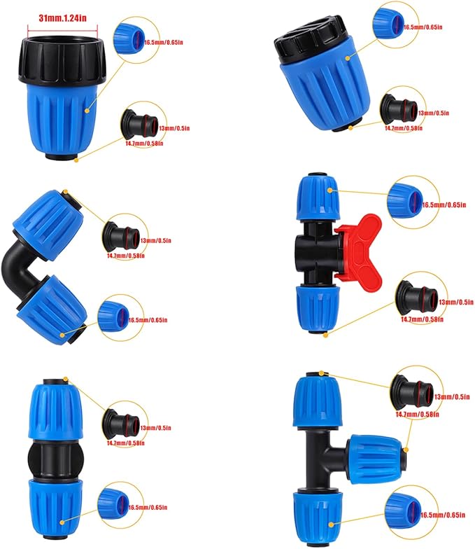 24 Pcs 1/2 Inch Drip Irrigation Fittings Kit,Drip Irrigation Hose Connector for 1/2 Inch Drip Tubing (1/2" ID x0.6-0.63" OD) with 5 Tees,5 Couplings,2 Switch Valves,5 End Cap,5 Elbows,2 Hose Adapter
