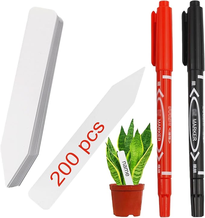 KINGSUPER 200 Pcs Plant Labels 4 Inch Plastic Plant Name Tags Garden Labels with 2 Pcs Marking Pen (200, White)