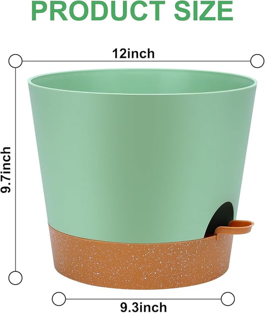 YNNICO 12 Inches Indoor Self Watering Planters with Drainage Holes and Saucers, 4 Pack (Green)